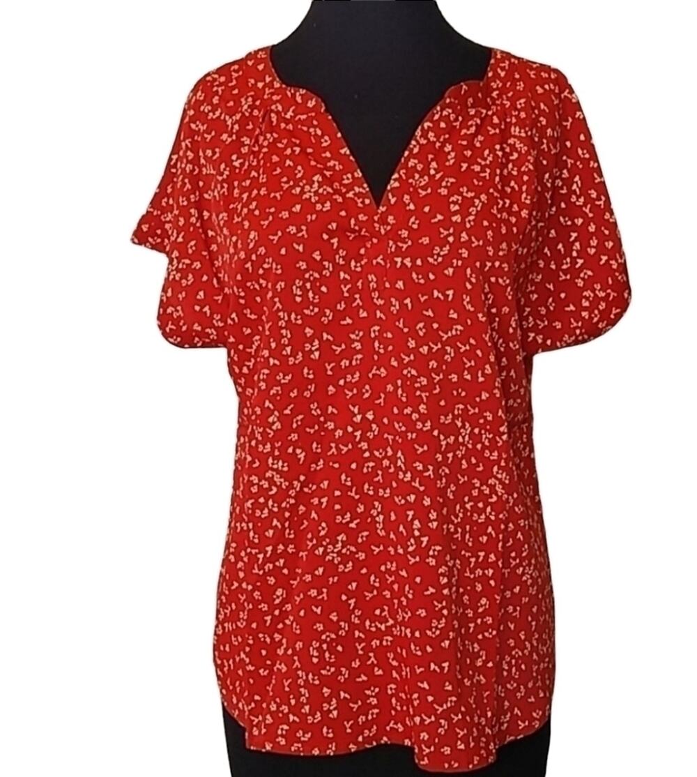 LILBETTER Womens Medium Orange Short Sleeve V-Neck Top Popover Blouse